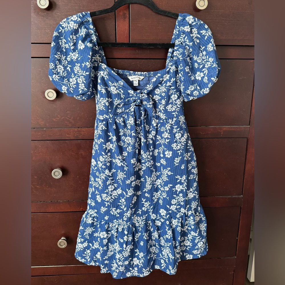 Dry Goods Speechless Blue White Floral Puff Sleeve Tie Front Dress XS